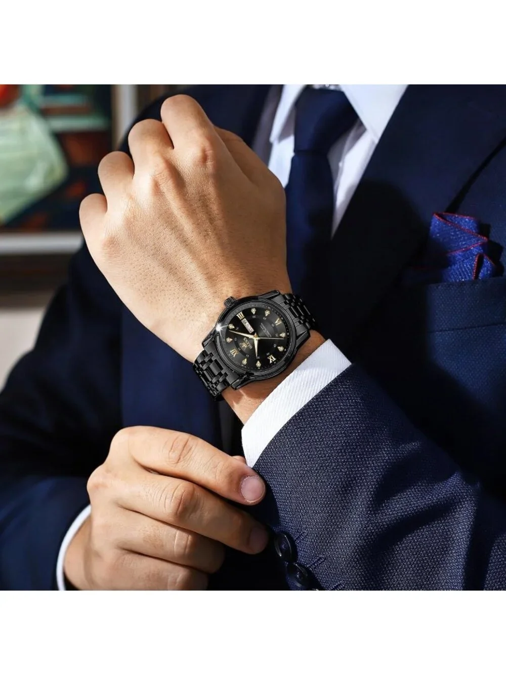 Olevs Men's Black Diamond Wrist Quartz Stainless Steel Luminous Luxury Watch